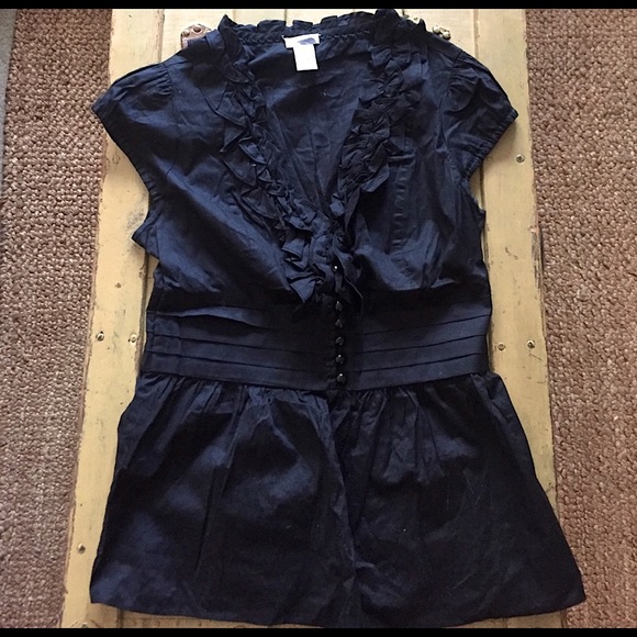 ANTHROPOLOGIE ODILLE BRAND STRETCH RUFFLE BLACK SHORT SLEEVE BLOUSE TOP 4 - Picture 13 of 14